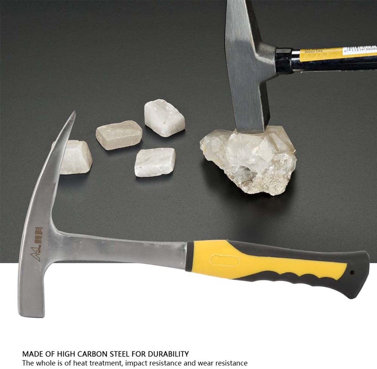 Dailygoods- Geologische Hamer Tweekoppig - Puntige/Platte Kop - Gele Rubberen Handgreep - Schokbestendig - Slijtvast - Hoogwaardige Afwerking - Steenhamer