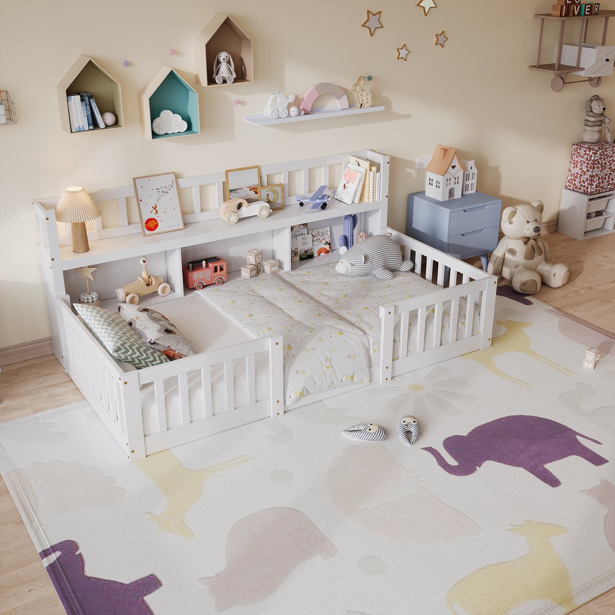 Kinderbed 90x200 met Hek & Boekenkast – Wit Massief Houten Montessori Vloerbed – Veiligheidshek met Lattenbodem en Opbergruimte