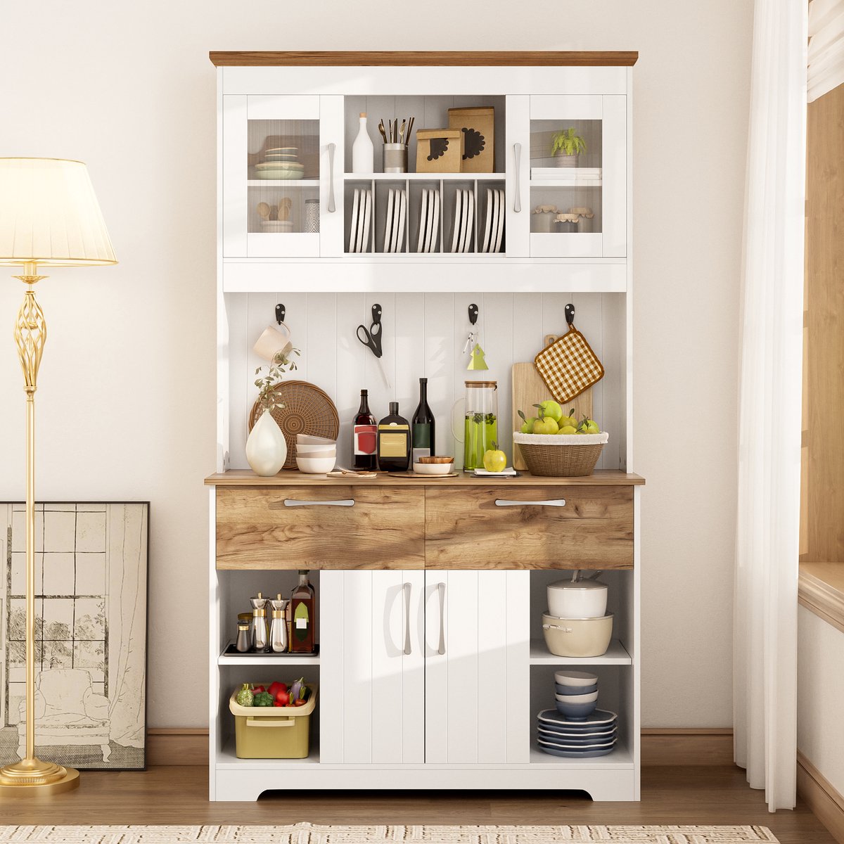 Buffetkast met vitrine en hakenrek - 106x39x176,5 cm - 2 lades, opbergdeuren, glazen vitrinedeuren en 4 metalen haken - Geschikt voor keuken, eetkamer, hal en bijkeuken