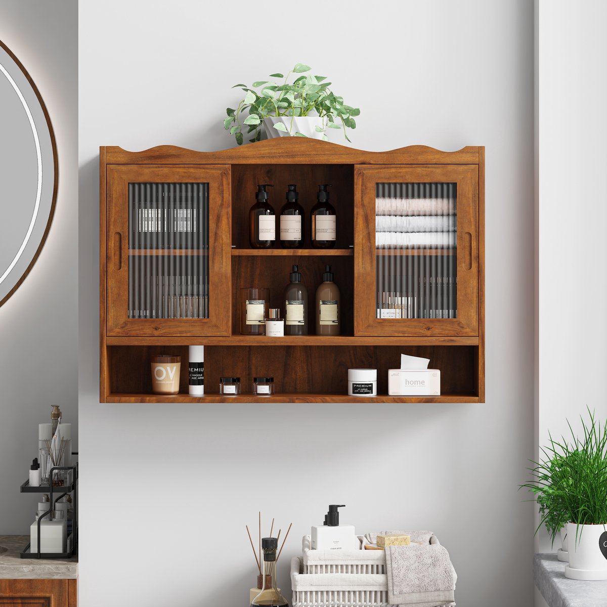 Retro wandkast met schuifdeuren - 90 cm bruin - 3 lagen opbergruimte - geschikt voor badkamer, keuken en eetkamer - verwijderbare planken - draagkracht 10 kg per plank - wandmontage, ruimtebesparend