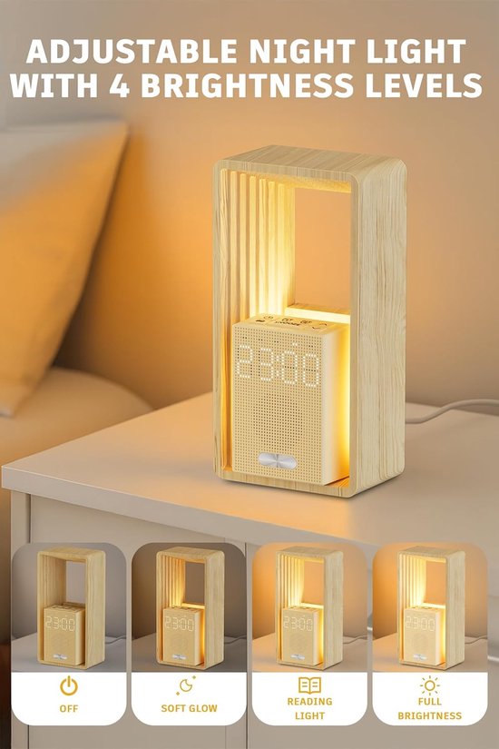 Nachtlamp met Klok - Wekker Tafel - Ontspannen Slapen - Met USB Poort - 3 Watt - Beige Houtlook — afbeelding 5