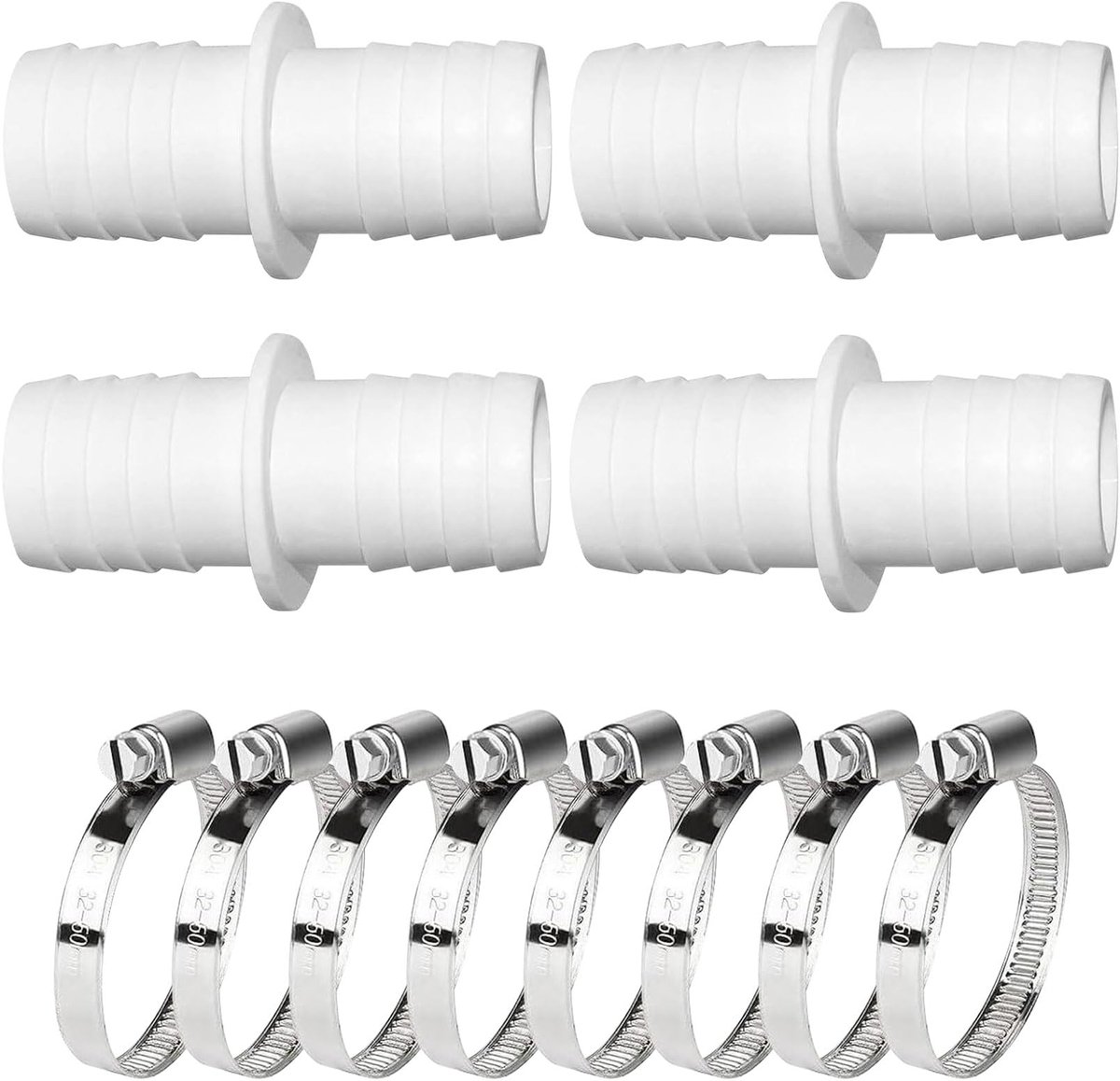 4 stuks zwembadadapters 32 naar 32 mm, slangaansluiting 32 op 32 mm, zwembadslangadapter met 8 roestvrijstalen slangklemmen (4 stuks 32-32 mm)