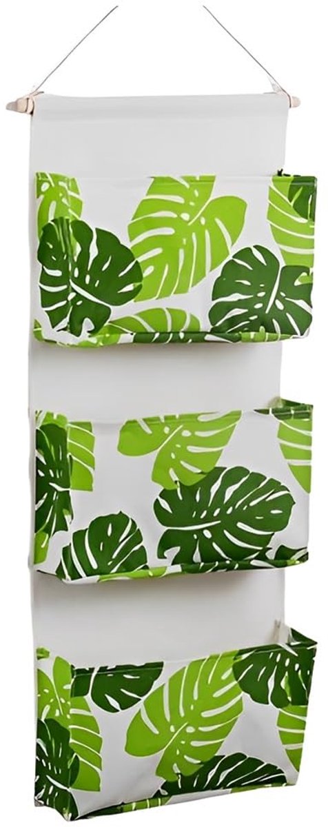 Deur Wand Organizer Utensielzak Hangende opbergtas voor entree garderobe badkamer 3 grote vakken (Groene bladeren)