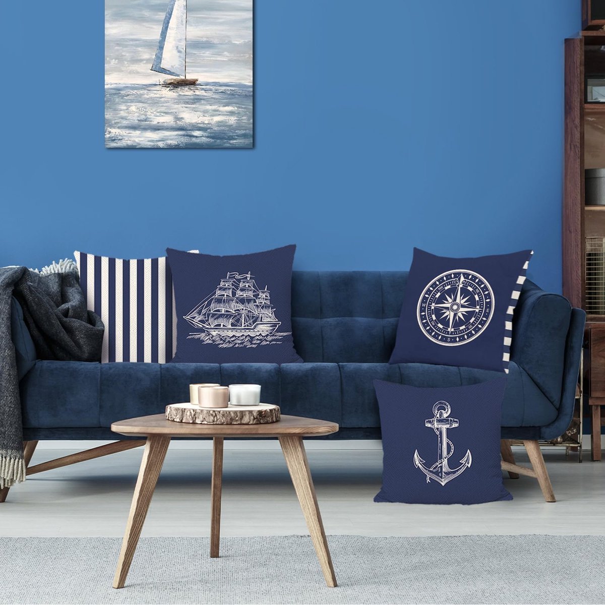 Nautische maritieme kussenslopen 50 x 50 cm, beide zijden, anker, kompas, decoratieve kussenslopen, polyester linnen, marineblauwe kussenslopen voor slaapbank, thuis, buitendecoratie, set van
