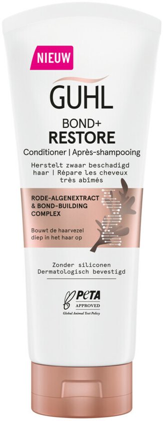 Witte GUHL BOND+ RESTORE conditioner tube met rosé gouden accenten, 'NIEUW' sticker en tekst.