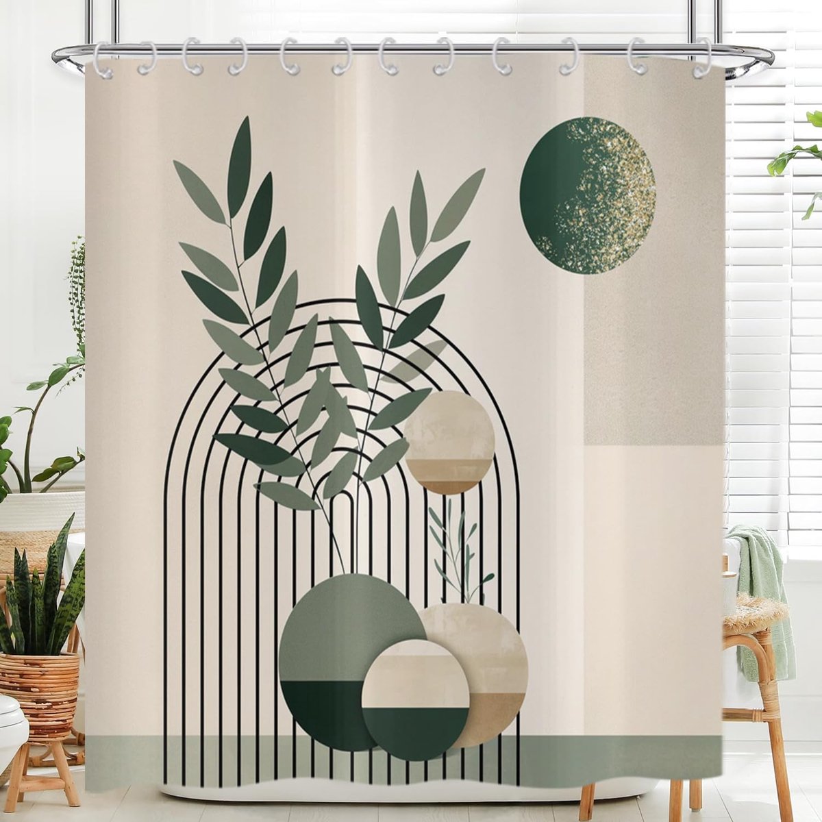 Douchegordijn halverwege de eeuw abstracte groene bladeren boog zon moderne geometrische minimalistische esthetische kunst badkamer douchegordijnen waterdichte polyester stof wasbare