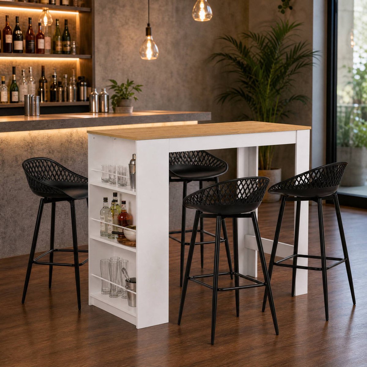 EGGREE Bartafel met barkrukken - donker eikenhout + 4 zwarte barkrukken | Eettafel met 4 stoelen - bartafel met opbergruimte voor keukens - eetkamers en bars