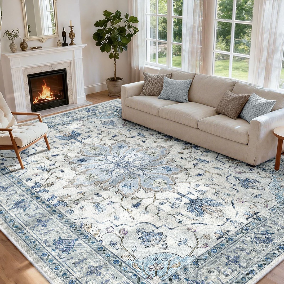 Machinewasbare Tapijten 240x300 cm Vintage Boho Vloerkleed Laagpolig Antislip Tapijt met Print Patroon voor Woonkamer Slaapkamer Huiskontoor Binnenhuis Blauw/Grijs