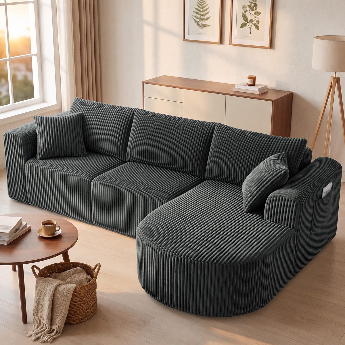 COMHOMA - Modulaire Hoekbank 263 cm - Corduroy L-vorm Slaapbank - Grijs