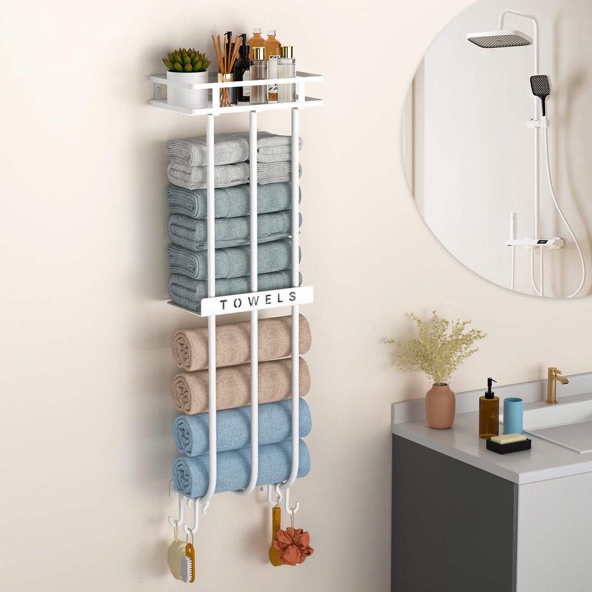 Handdoekhouder voor Badkamer, Aan de Muur, Met 4 Haken - Geschikt voor Camper, Sauna en Meer (Wit)