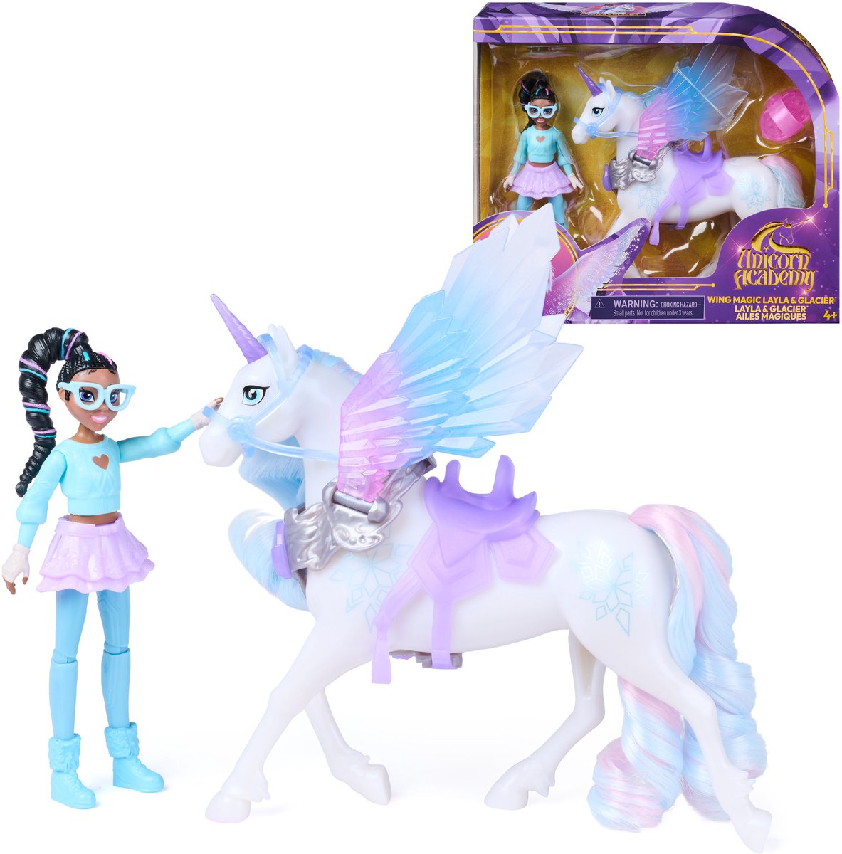 Unicorn Academy layla & glacier met vleugelmagie, beweegbare pop van 11,4 cm en eenhoorn met vleugels van 12,7 cm, 4 accessoires, poppen en eenhoornspeelgoed, verjaardagscadeaus