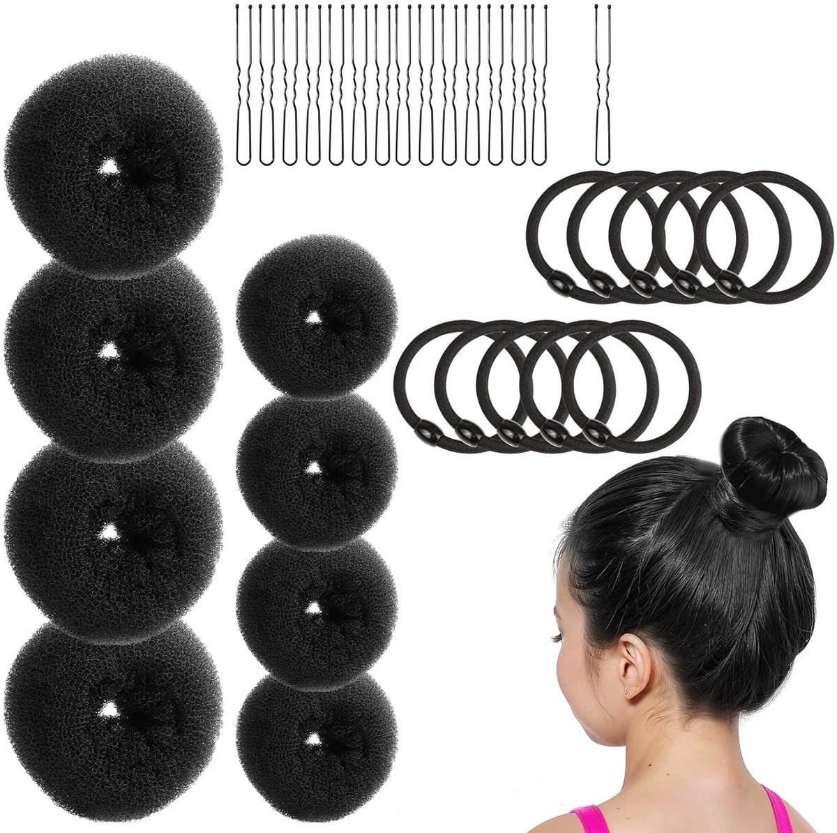 Dailygoods - 33 stuks donut-haarknot, U-vorm, haarspeld, haarspeld, haardonutset, dames haarknot, donutkussen, haarstyling haaraccessoires voor kinderen, meisjes, vrouwen (zwart)
