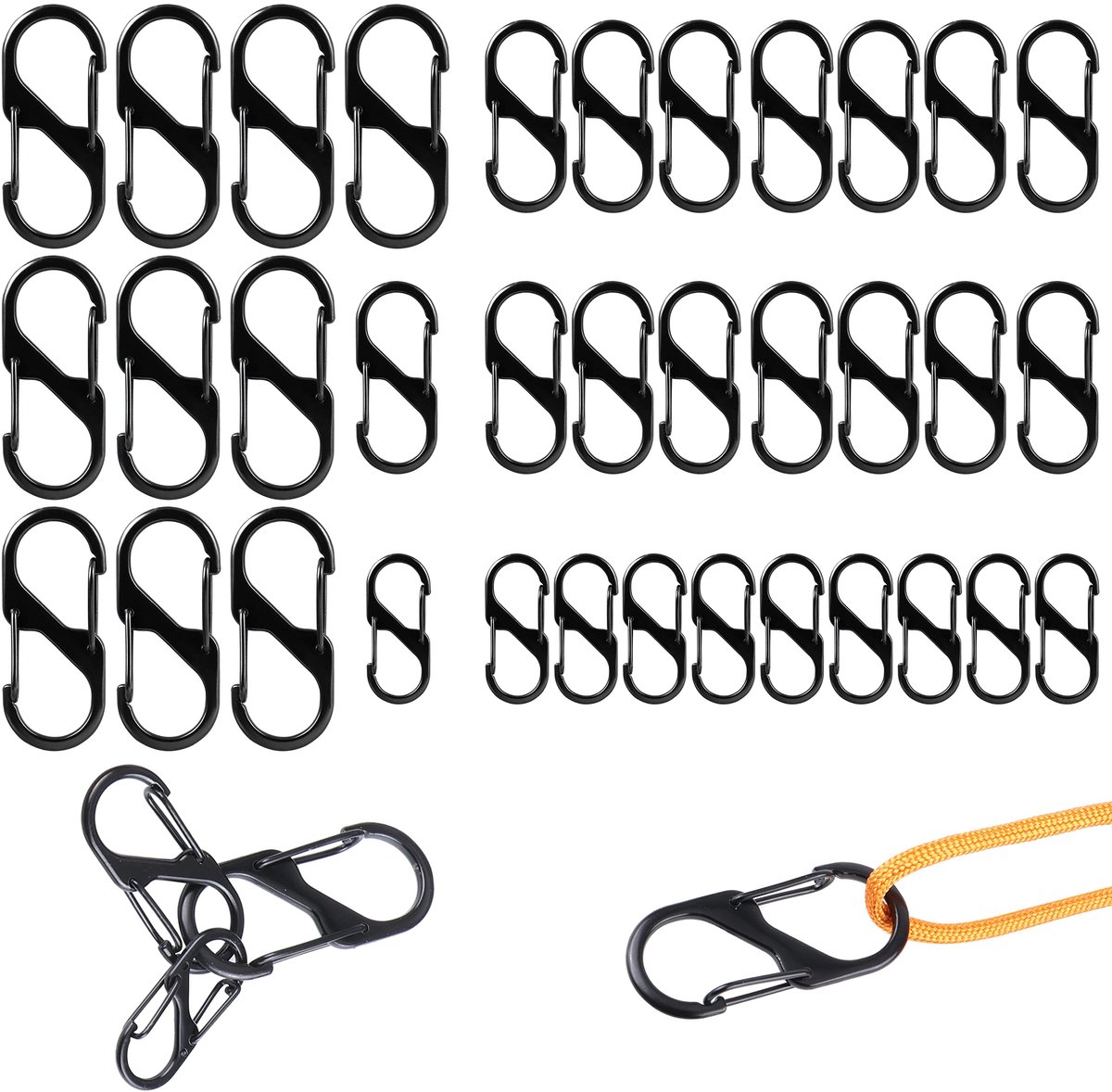 36 stuks S karabijnhaken, metalen dubbele karabijnhaken, 8 vormige karabijnhaken, voor camping, thuis, wandelen (zwart)