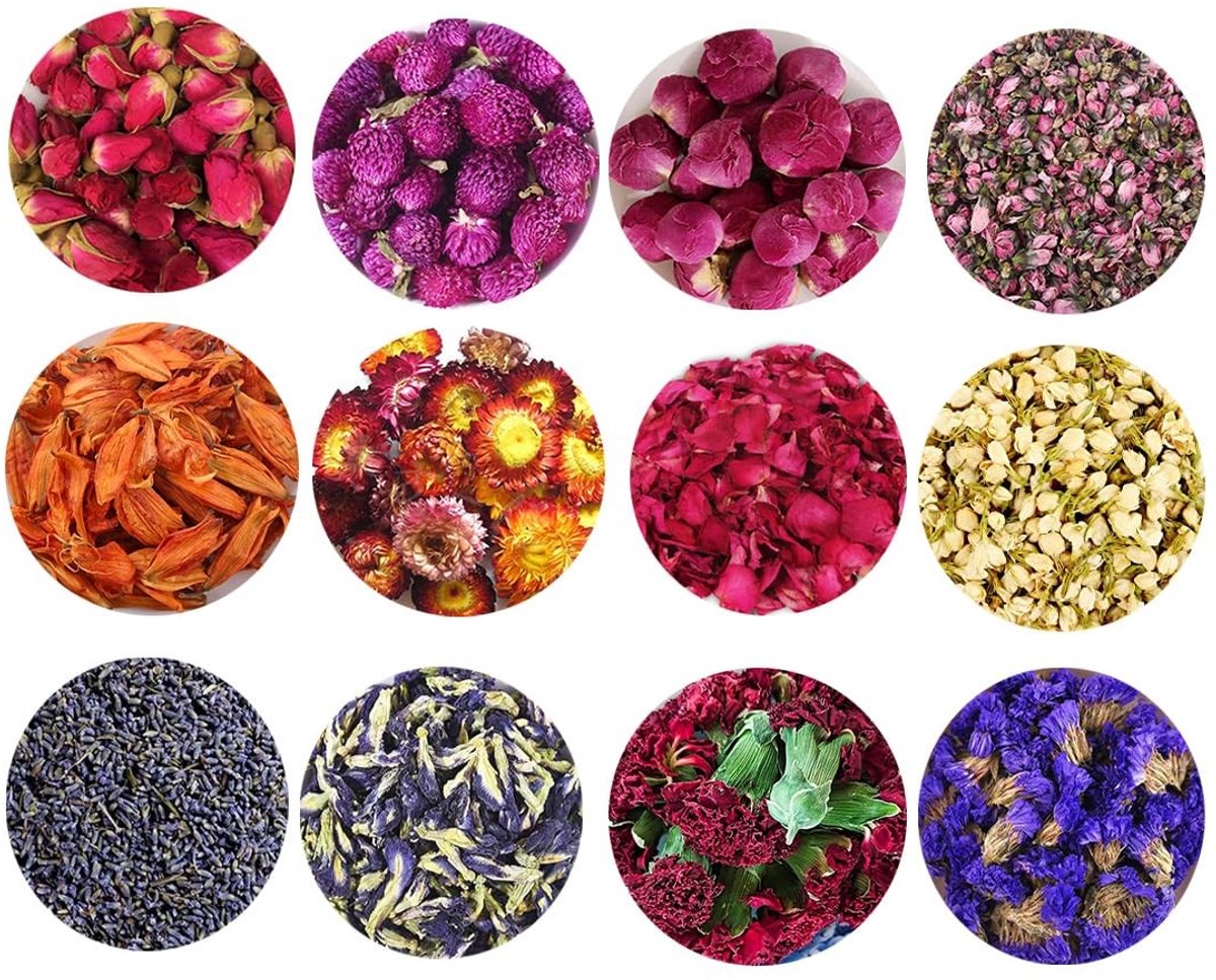 Dailygoods - Bloemblaadjes en Knoppen Set met Lavendel, Vergeet-Mij-Nietje en Rozen (12 Tassen)