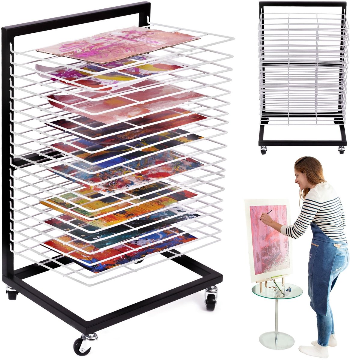 Dailygoods - Klein Hangend Kunst Droogrek met 19 Uitneembare Schappen - Mobiele Droogtoren voor Klaslokalen