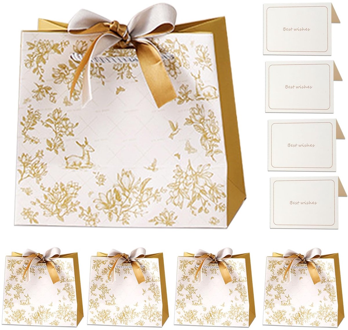 Dailygoods- Geschenkzakjes met handvat - 4 stuks - Cadeauzakjes voor verjaardag/Kerst - Wenskaarten/linten - 18 x 16 x 10 cm - Verfijnde cadeauverpakking