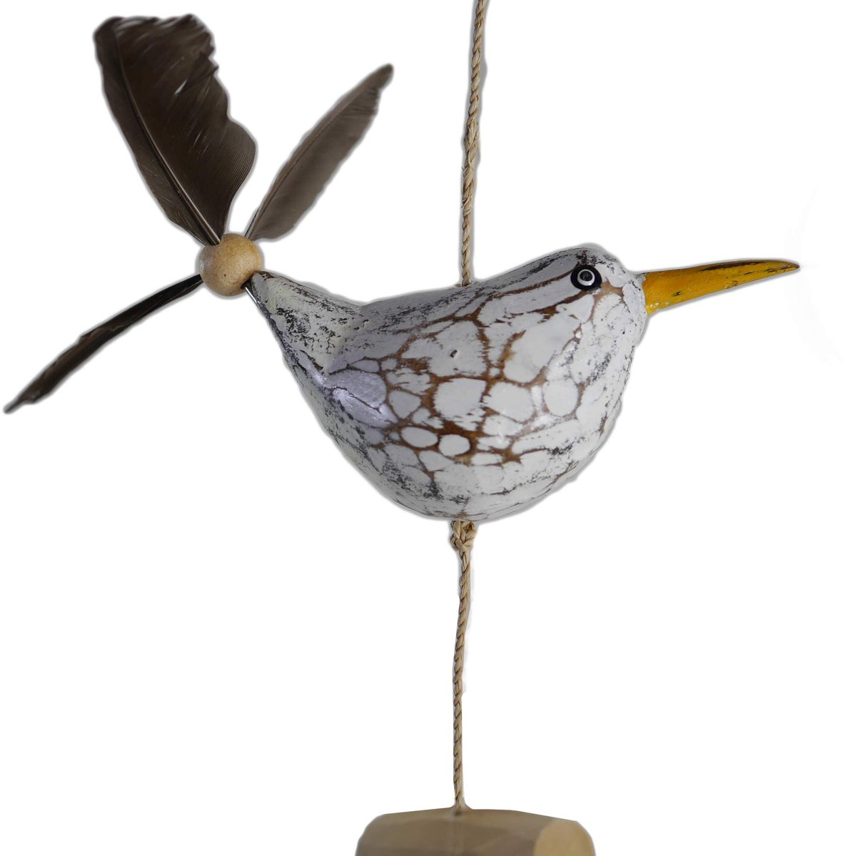 Meeuw-windspel met veerpropeller met 1 decoratieve meeuw + 2 reserveveren houten dierenfiguur als maritieme decoratie, balkondecoratie of als tuindecoratie