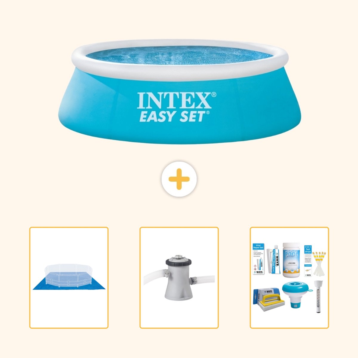 Intex Rond Opblaasbaar Easy Set Zwembad – 183 x 51 cm – Blauw – Inclusief Grondzeil – Zwembadfilterpomp – Onderhoudspakket – 4-delig