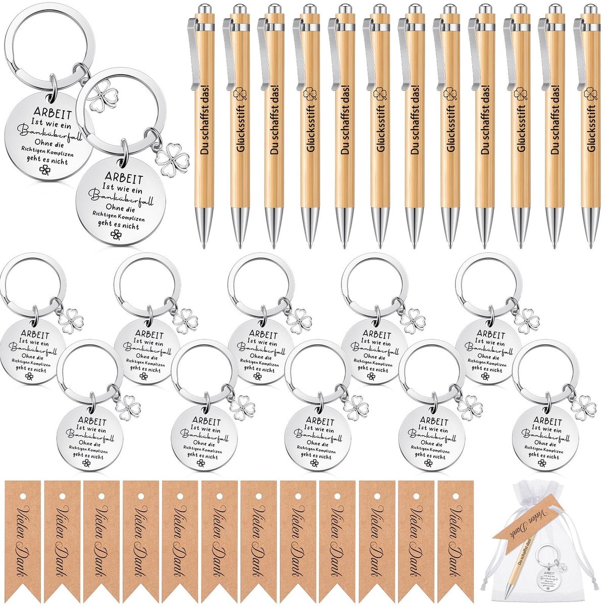 Dailygoods- Afscheidsgeschenk 12-delig - Cadeauset voor Collega's - Sleutelhanger - Balpen/Gelukspen - Cadeaulabels - Organza Zakje