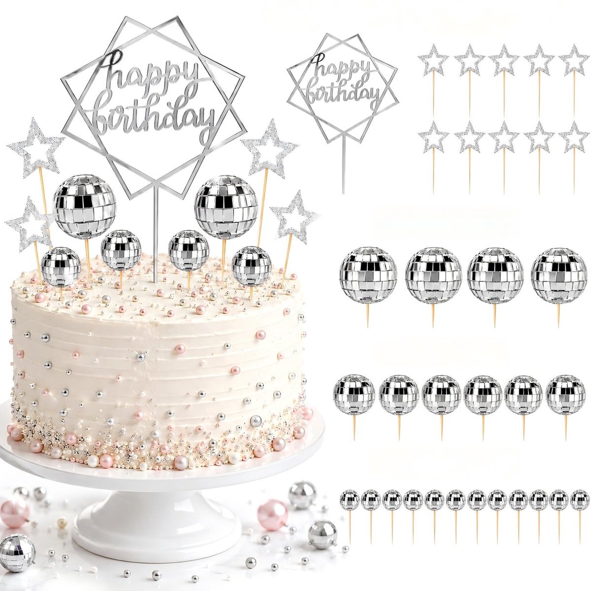 Taarttoppers, set met Happy Birthday-topper, discobal, taartdecoraties, spiegel voor verjaardag, jaren 70 en 80, discothemafeest