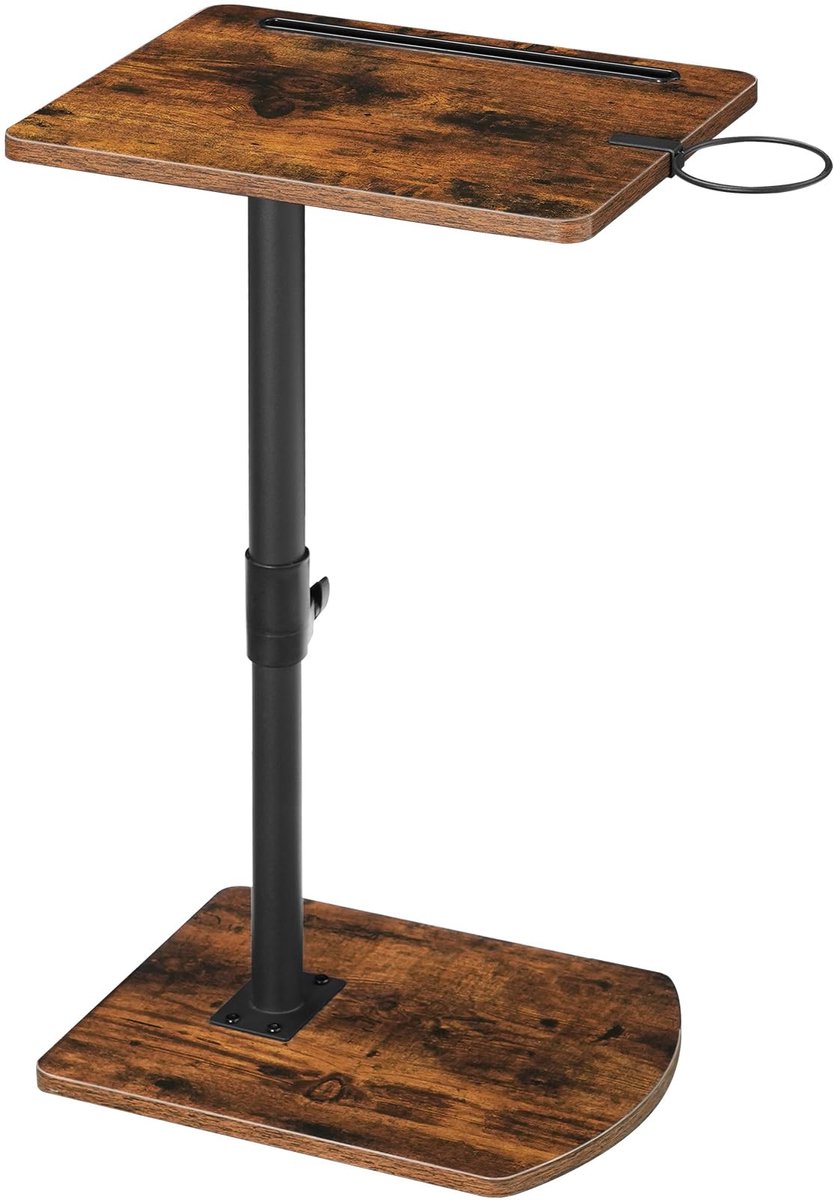 C-vormige bijzettafel, in hoogte verstelbaar van 45,5-78 cm, 360° draaibare salontafel met bekerhouder en gleuf, kan onder bank of bed worden geplaatst, Vintage Bruin en Zwart EBF34SF01