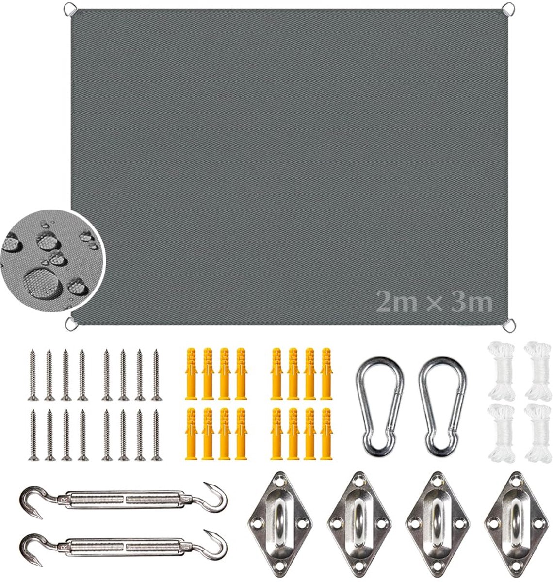 waterdicht, 2 x 3 m, met bevestiging, rechthoekig met oogjes voor balkon, uv-bescherming, zonwering, luifel, scheurvast, weerbestendig, voor terras, tuin, zwembad