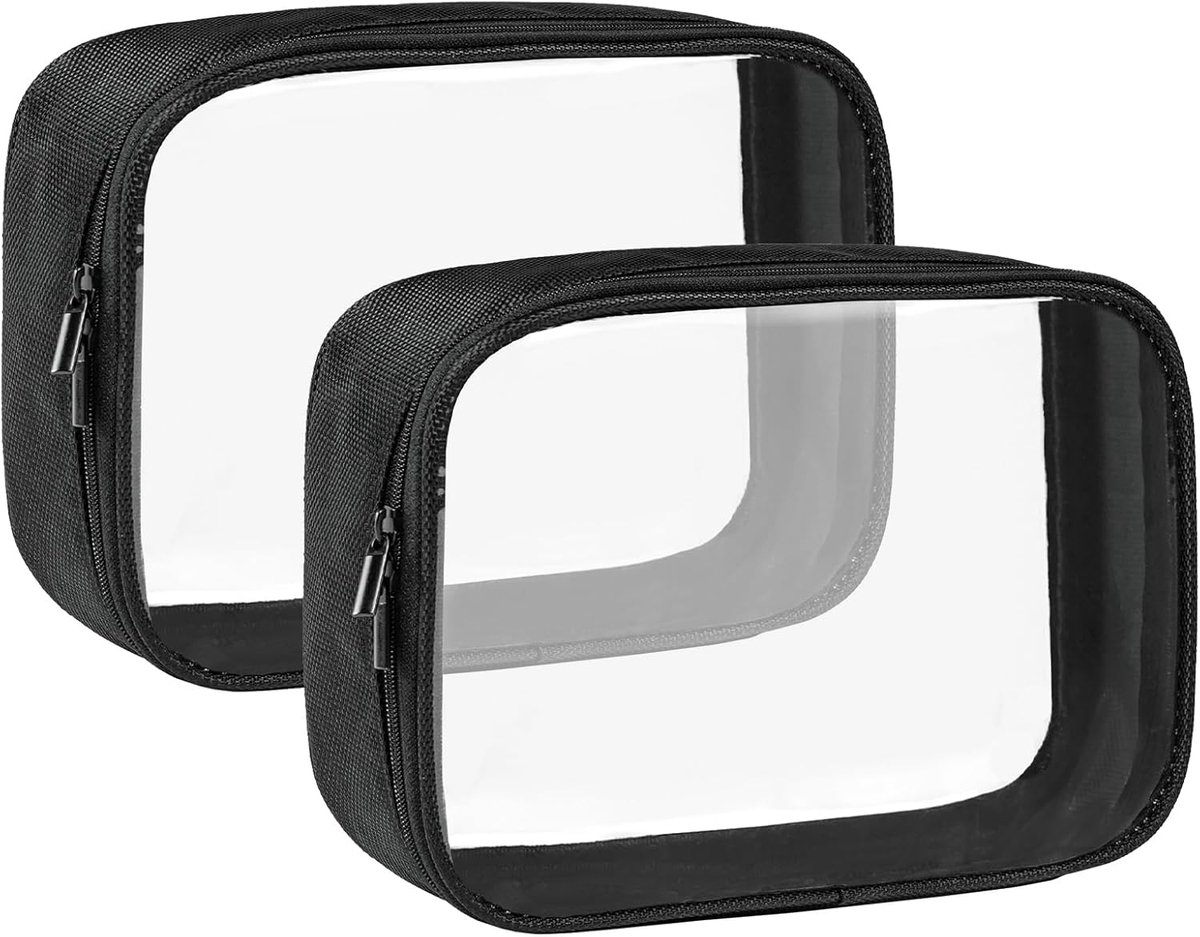 TSA goedgekeurde doorzichtige toilettas, kwart maat 3-1-1 vloeistoffen zakje voor reizen, transparante make-up en cosmetische organizer voor vrouwen mannen, Zwart, 2 Pack, Medium, Casual