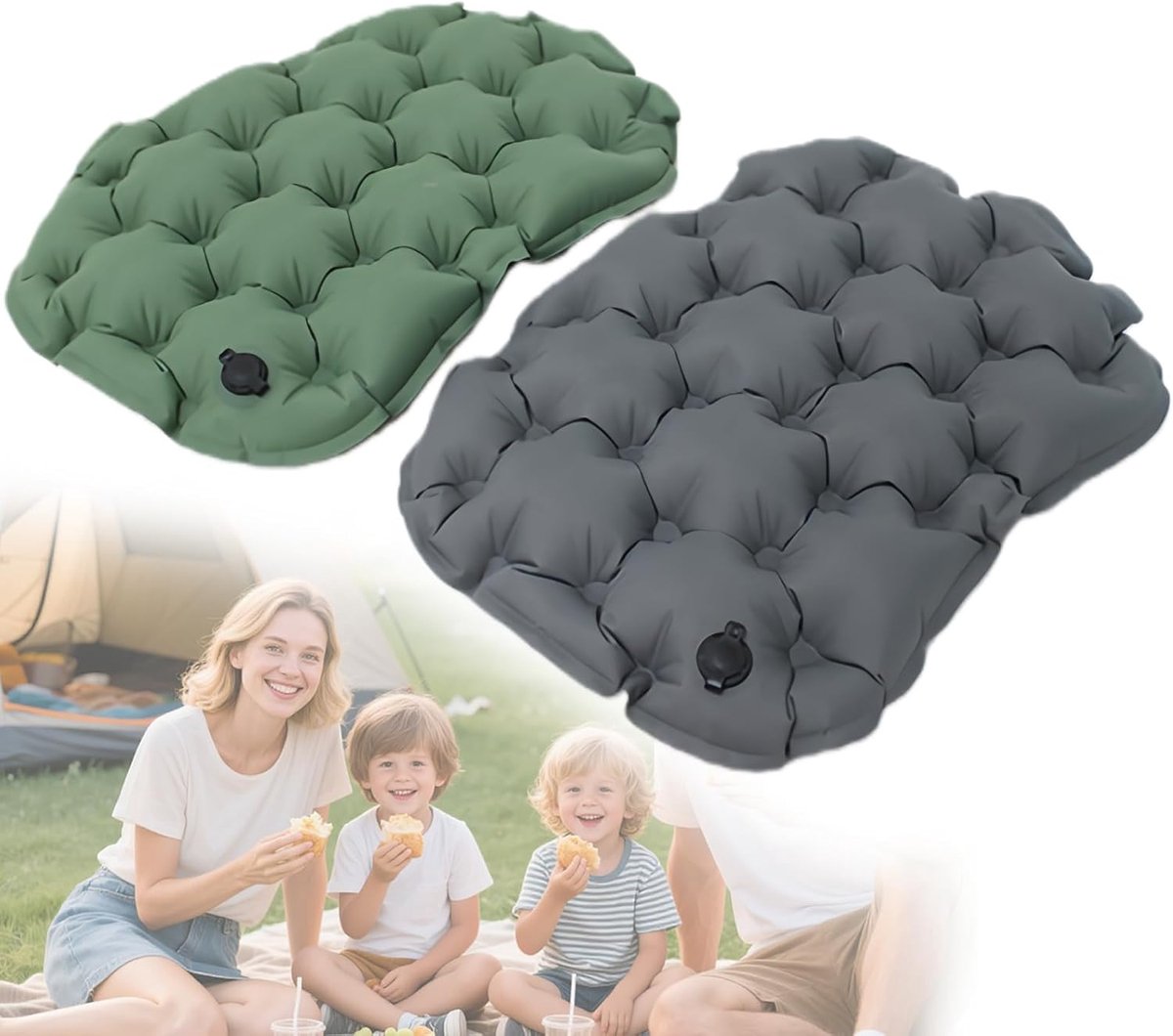2 stuks opblaasbaar zitkussen buiten: draagbaar opblaasbaar zitkussen camping reiskussen 36 x 28 x 5 cm opvouwbaar waterdicht kussen voor wandelen en kamperen, groen + grijs