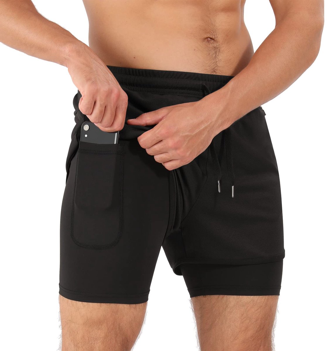 Hardloopshorts voor heren, compressieshorts, gym, fitness, workout, 2-in-1 shorts met zak voor mobiele telefoon en zakken met