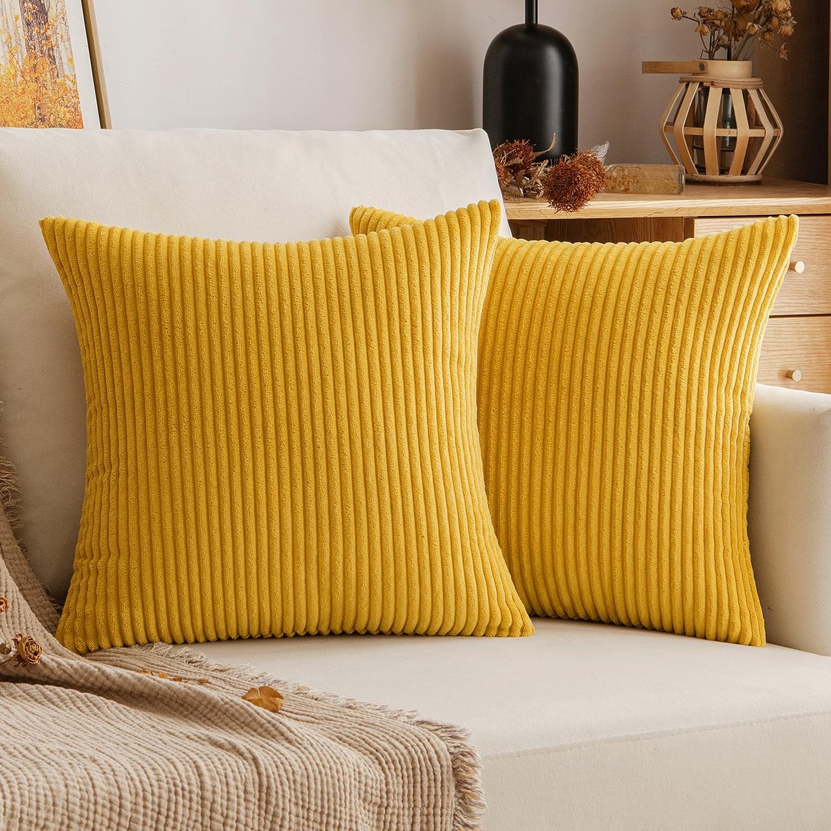 Kussensloop Herfst, ribfluwelen sierkussensloop, sierkussen, sofakussen, corduroy, decoratieve zachte sierkussenovertrekken voor bank, stoel, thuis, slaapkamer, 50 x 50 cm, strogeel