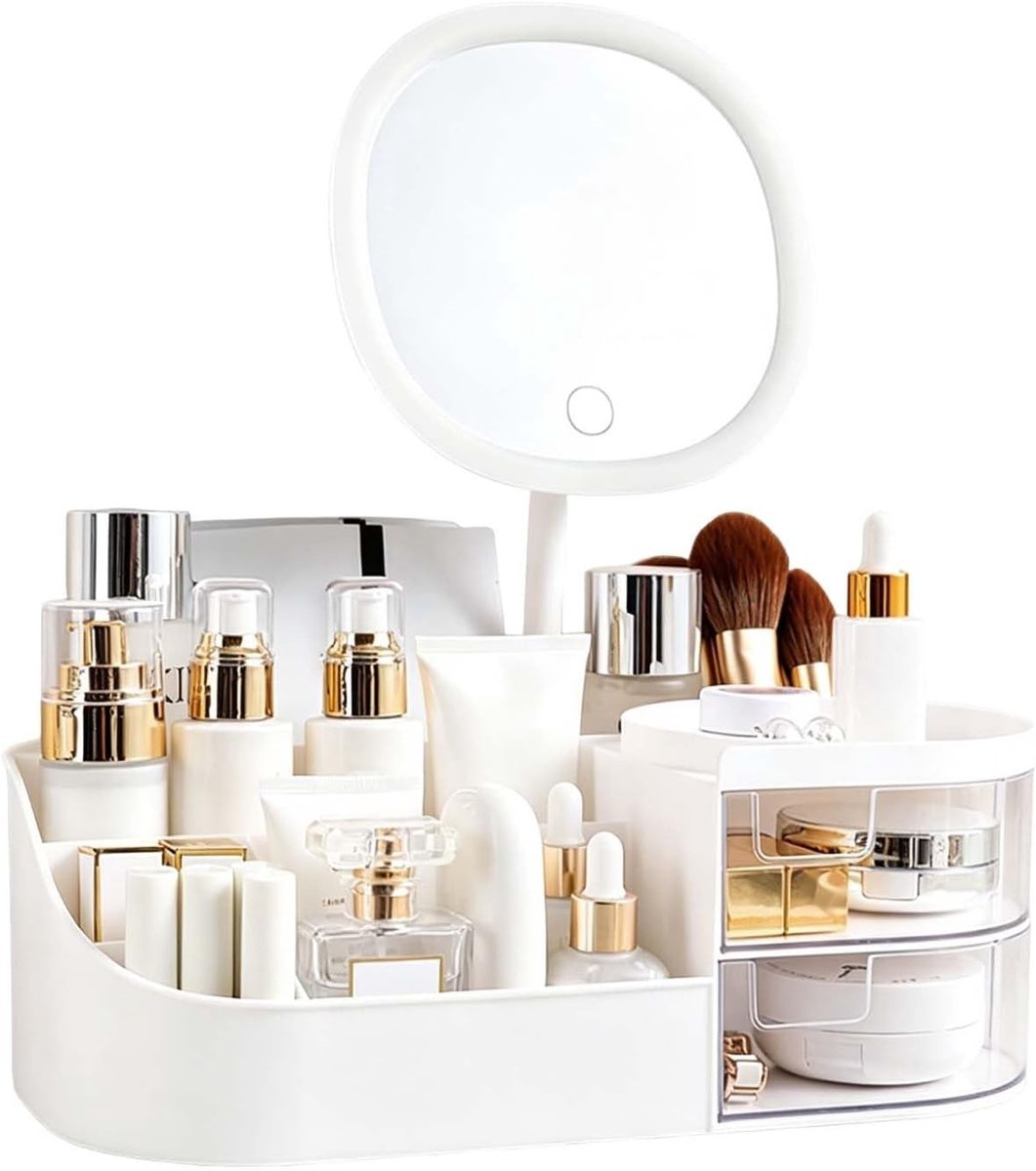 Multifunctionele make-uporganizer met dimbare LED-spiegel, ideale opbergdoos voor cosmetica, make-up en accessoires in badkamer of op bureau, wit