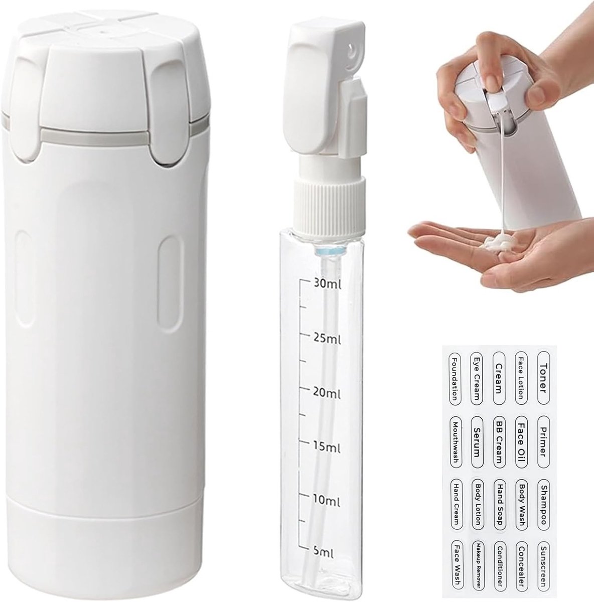 4 in 1 Reisetiketten Set met Lege Flessen en Labels, Lekvrije Dispenser voor Toilettassen, Ideaal voor Gezinsreizen en Opbergoplossingen