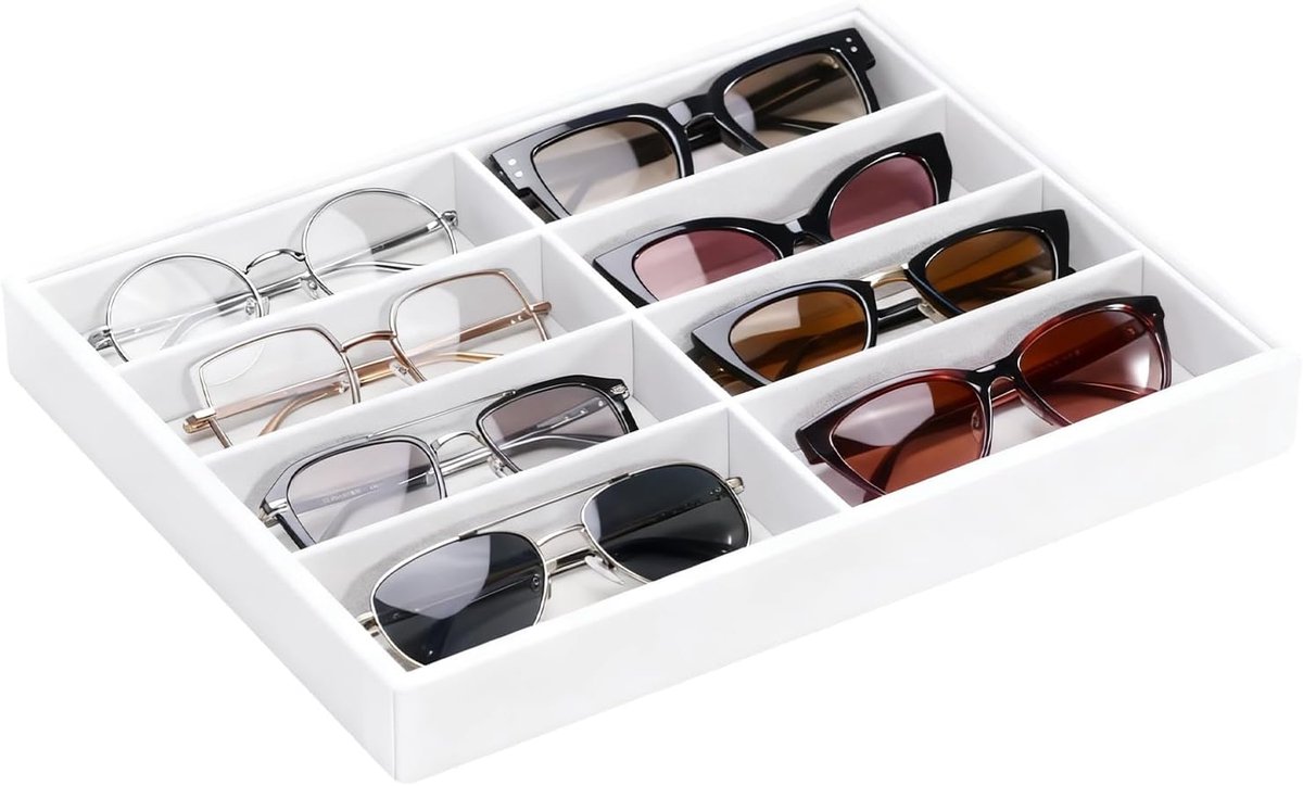 Zonnebrillenorganizer met fluwelen lade - Opbergdoos met 8 vakken voor brillen, geschikt voor in een lade of als display - 33,8 x 24,4 x 3,8 cm