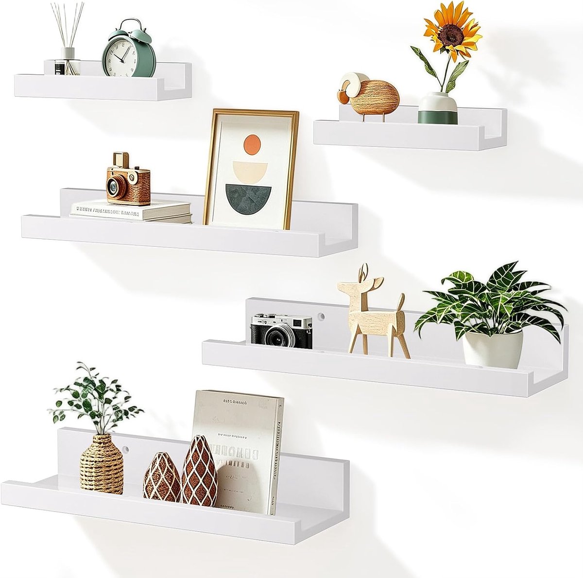 Witte wandplanken set van 5 stuks, moderne zwevende planken voor woonkamer, badkamer en kantoor, decoratieve opslagoplossingen