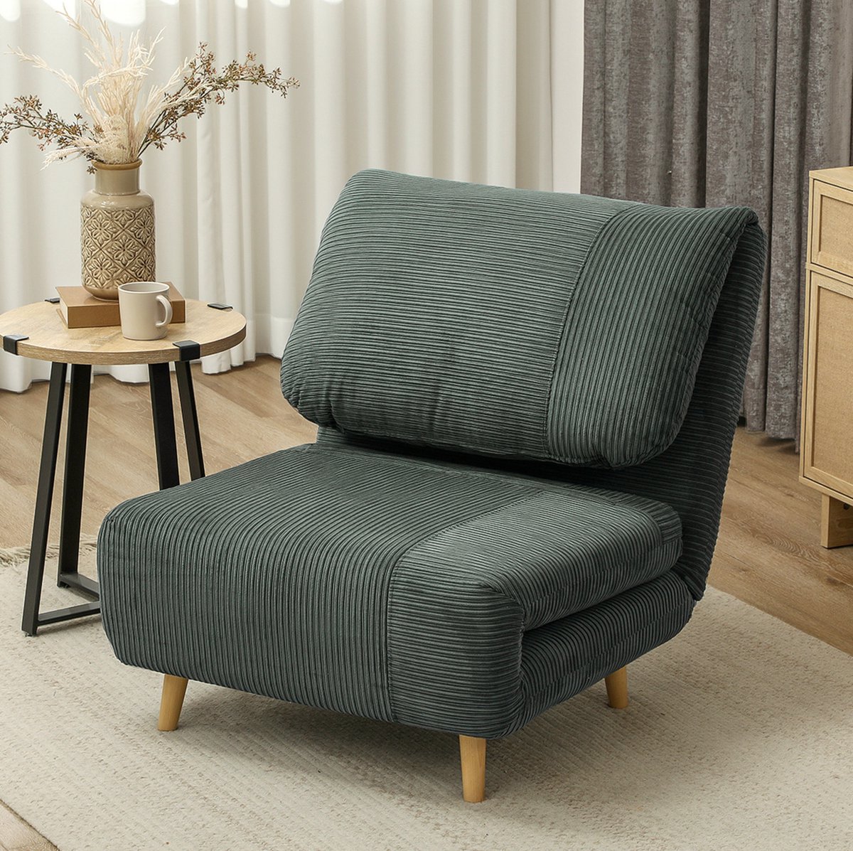MEUNIQ 2-in-1 slaapfauteuil en eenpersoons logeerbed met 3-voudig verstelbare rugleuning, cord-look stof, houten poten, 82 x 89 x 83 cm, groen