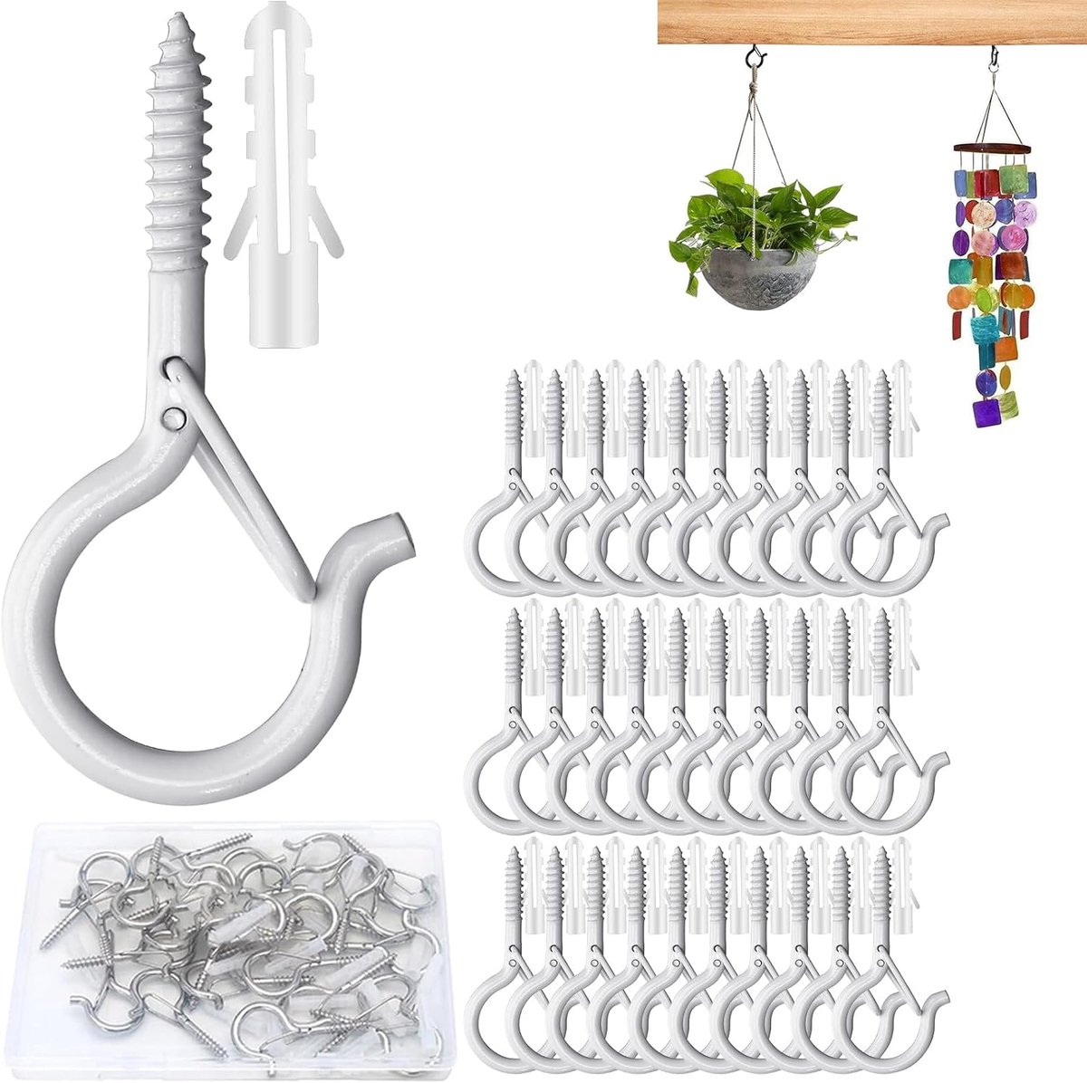 Haken, plafondhaken met veiligheidsgesp, metalen haken voor het ophangen van planten, vogelhuisjes, windgong, bevestiging van kerstverlichting buiten (Wit)