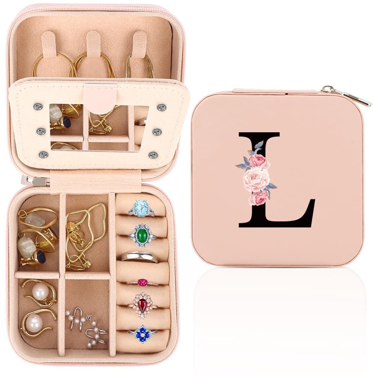 Dailygoods - Sieradendoosje voor op reis, personaliseerbaar, draagbare sieradendoos, kleine opbergdoos voor sieraden met spiegel, sieradendoos voor meisjes