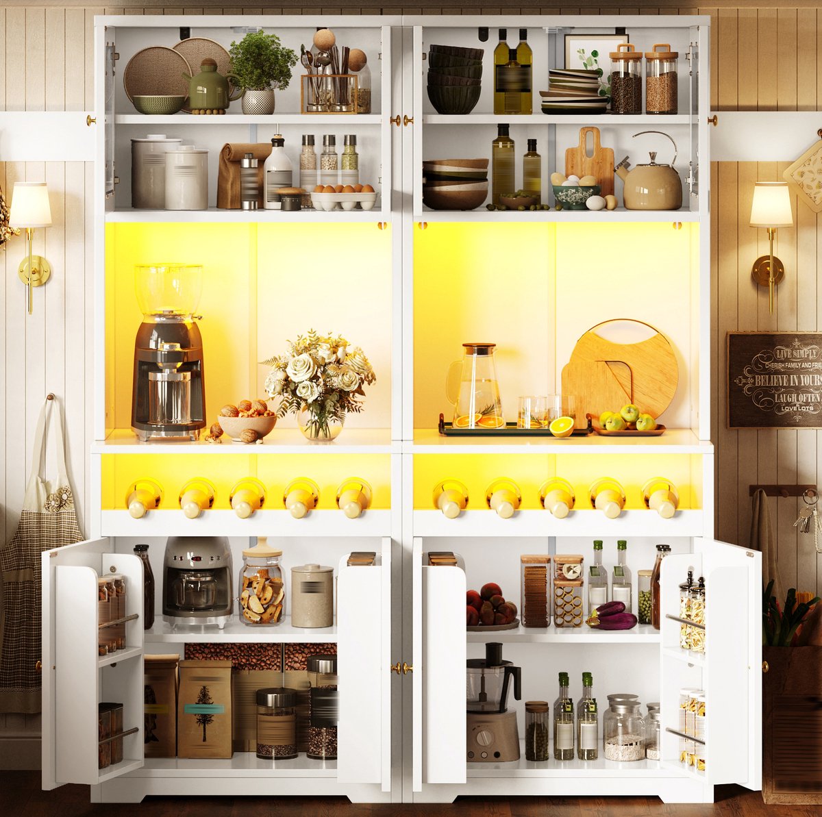 STILVORA Buffetkast Set Van 2 - Appgestuurde RGB Led Met Glasdeuren En Wijnrek - Voor Keuken En Eetkamer - MDF En Metaal - Wit - 140x38,3x180 Cm