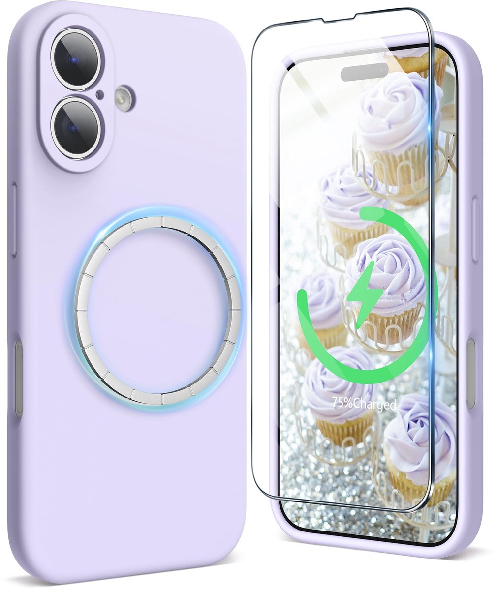 Dailygoods- Hoesje iPhone 16 - Magnetisch - Siliconen - Volledige Cameracover - Screenprotector - Violet Lila - Telefooncase