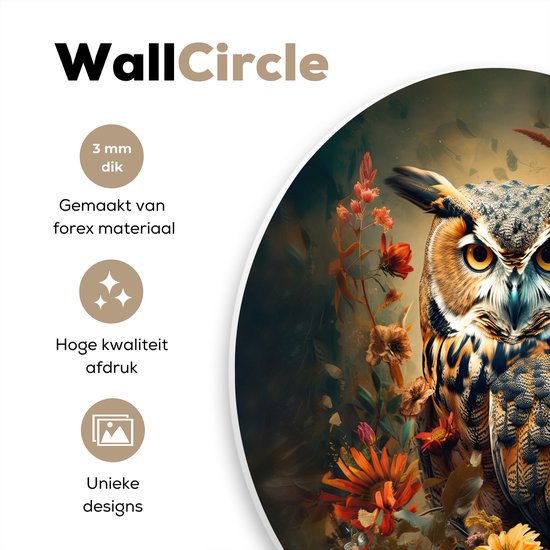 Cercle mural rond avec un hibou détaillé dans un bosquet de fleurs et de plantes aux couleurs chaudes et vives.