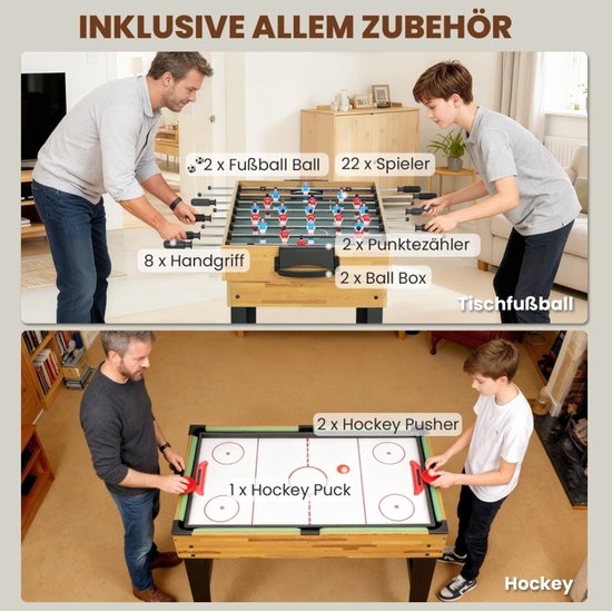 MEUNIQ 13-in-1 multifunctionele speltafel 121 x 109 x 80 cm met verwisselbare speelbladen, tafelvoetbal, biljart, tafeltennis en schaak voor speelkamer of woonkamer, Walnoot — afbeelding 2