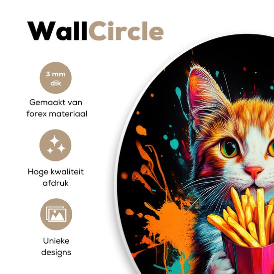 Muurcirkel met een illustratie van een kat die patat eet. Beschrijft 3 mm dik, gemaakt van forex materiaal, hoge kwaliteit afdruk en unieke designs.