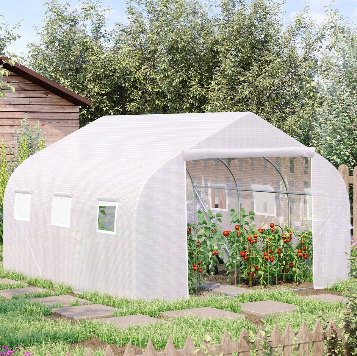 MEUNIQ Kweektunnel 350 x 300 x 200 cm met 6 mesh-vensters, oprolbare deur, UV-beschermende PE-folie en metalen frame voor tuin of balkon, wit