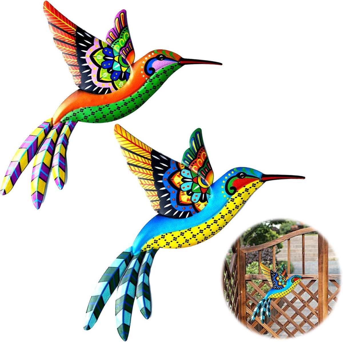 Decoratie - 2 pack kolibrie metalen vogel sculpturen, muurdecoratie buiten en balkonwanddecoratie, perfect voor thuis en tuin