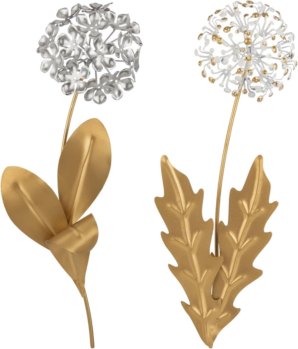 Set van 2 metalen hortensia muurkunst 33 cm gouden bloem muurdecoratie voor thuis, moderne 3D bloemen muurdecoratie voor woonkamer, slaapkamer, gangdecoratie