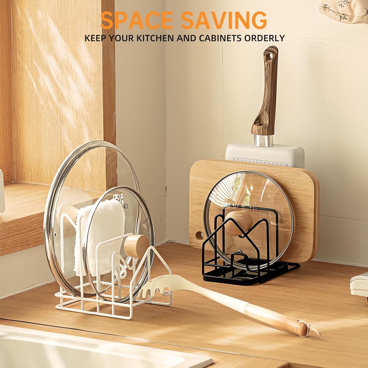 Chopping Board Houder met 4 Slots, Pan Lid Organizer met Drupbak, Keuken Opbergoplossing voor Snijplanken en Pannen, Zwart