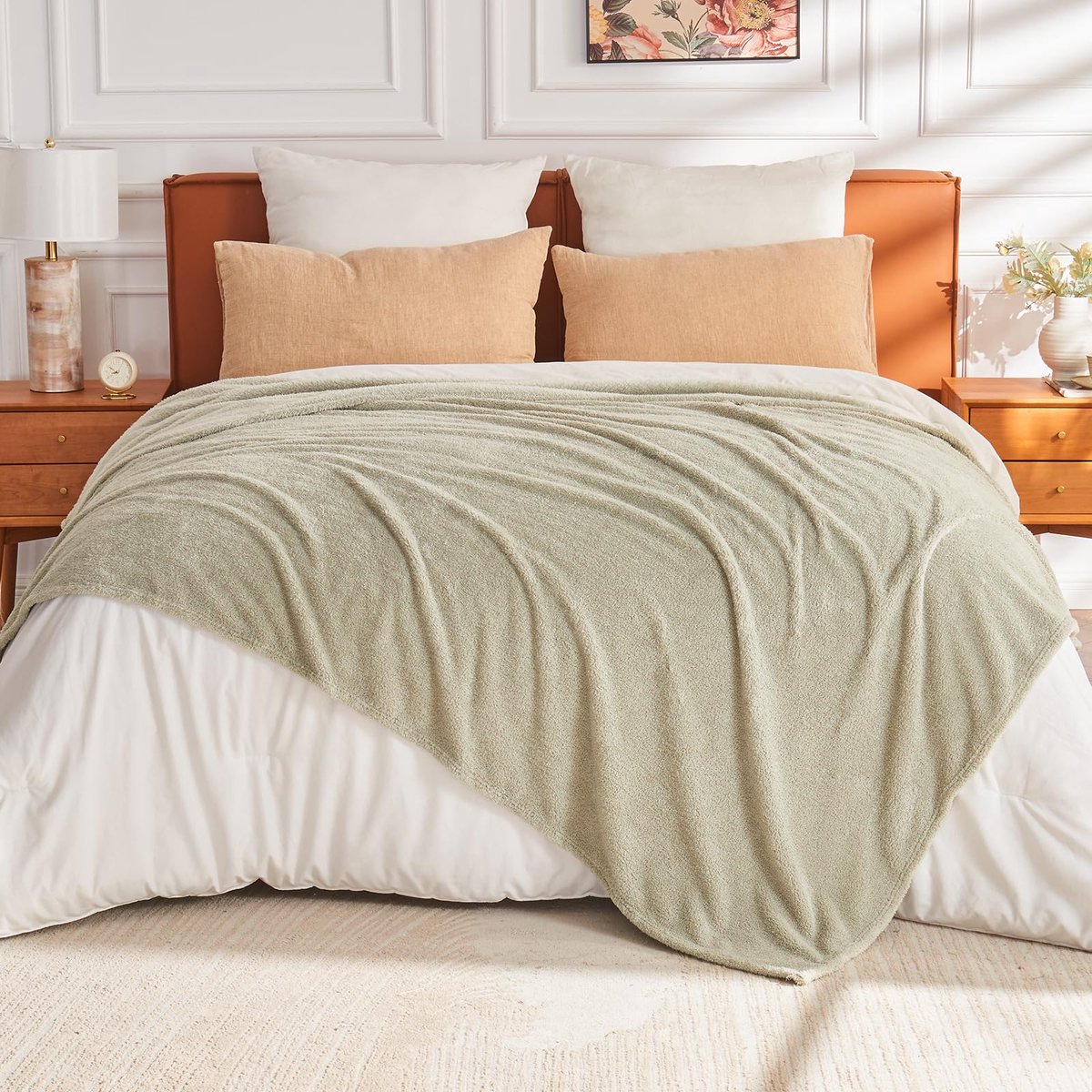 Fleece deken deken, sherpa pluizige flanellen deken, zachte warme gezellige dekens voor bed, bank, bank, fauteuils, picknick, saliegroen, 130 x 150 cm