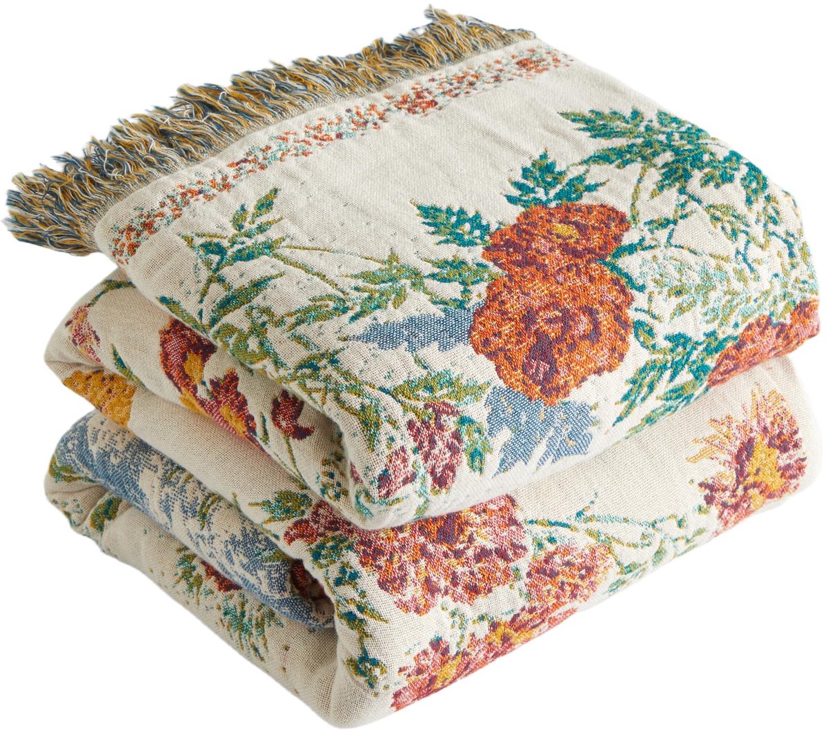Premium boho-sprei, 100% katoen, knuffeldeken met franjes, dubbelzijdige mousseline, boho-deken, 150 x 200 cm, behaaglijke bankdeken en bedsprei, zomerdeken voor woonkamer, ivoor/groen