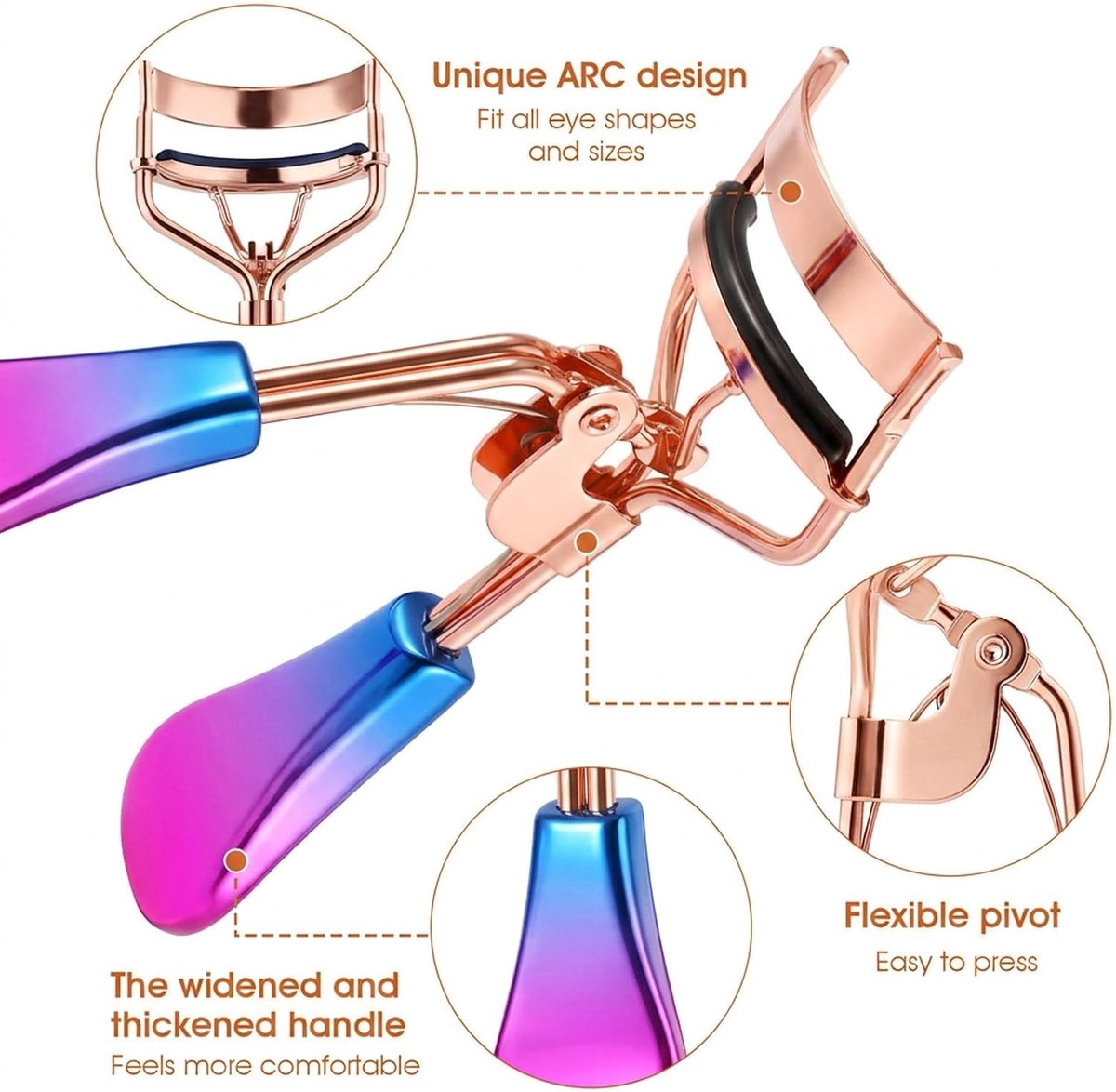 Roestvrijstalen wimpertang met 10 reserve siliconen pads voor gebogen wimpers en oogmake-up, geschikt voor alle oogvormen en wimperscheiding (roségoud)