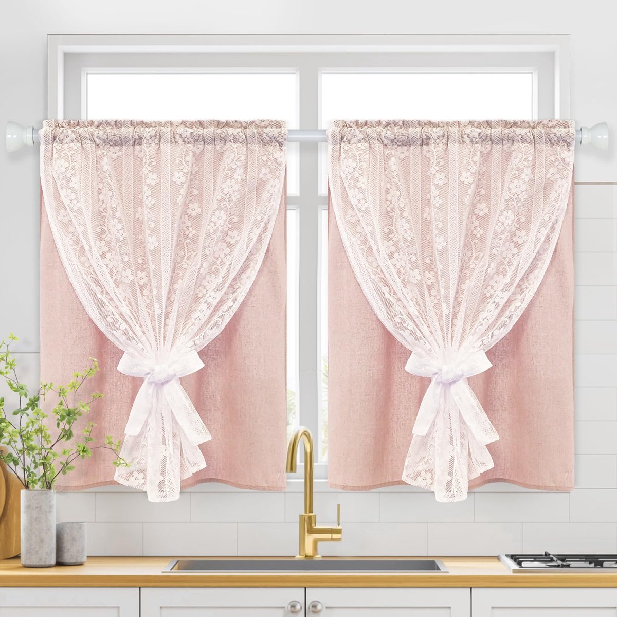 2-delige set schuifgordijnen Roze, Modern kort bistrogordijn, dubbel gelaagd keukengordijn met linnen en kant, landhuisstijl raamdecoratie, kort gordijn voor keuken, raam, woonkamer 65Bx90H